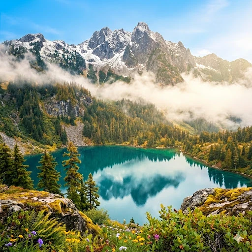 Turquoise alpine lake reflecting snow-capped mountains and evergreen forest