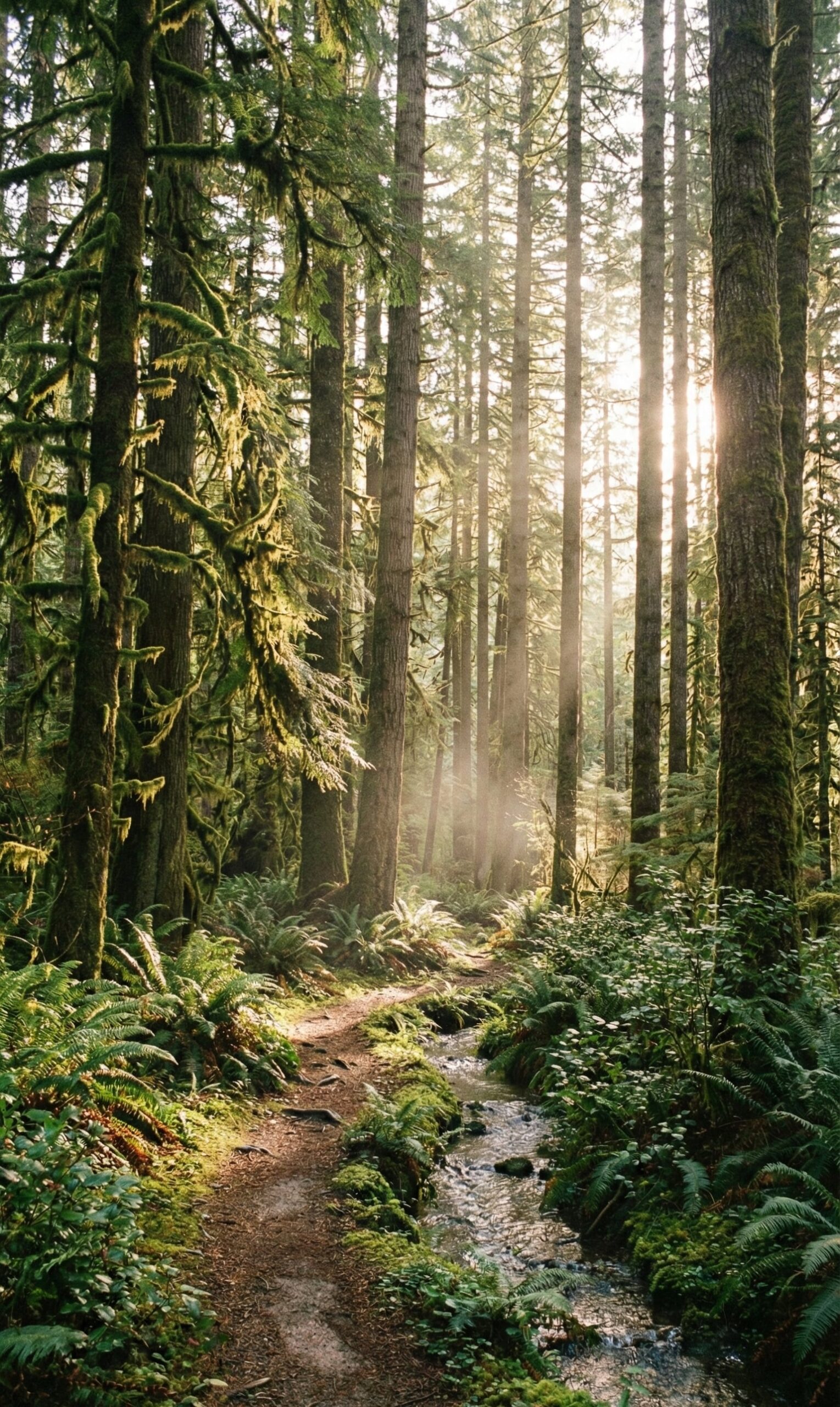 Sunlit old-growth forest trail beside a stream on Vancouver Island