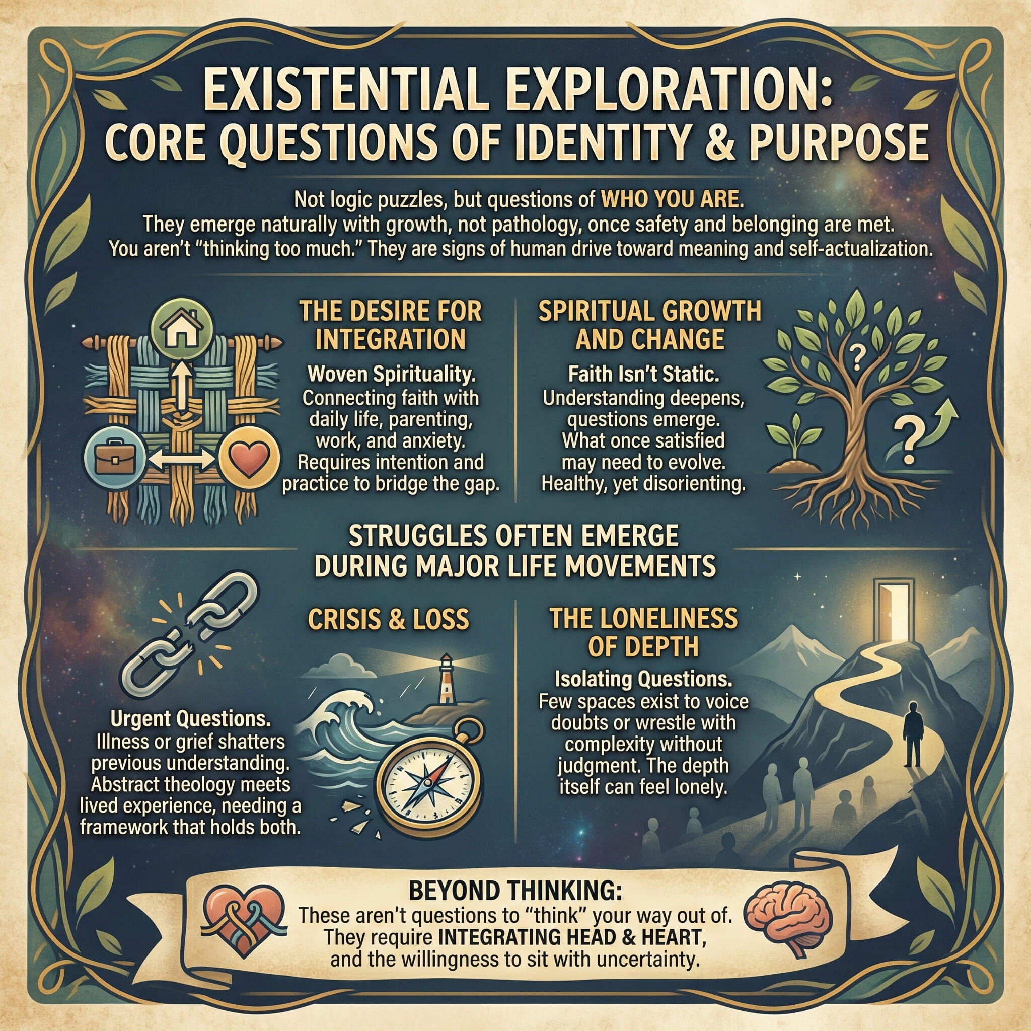Existential exploration core questions of identity and purpose infographic