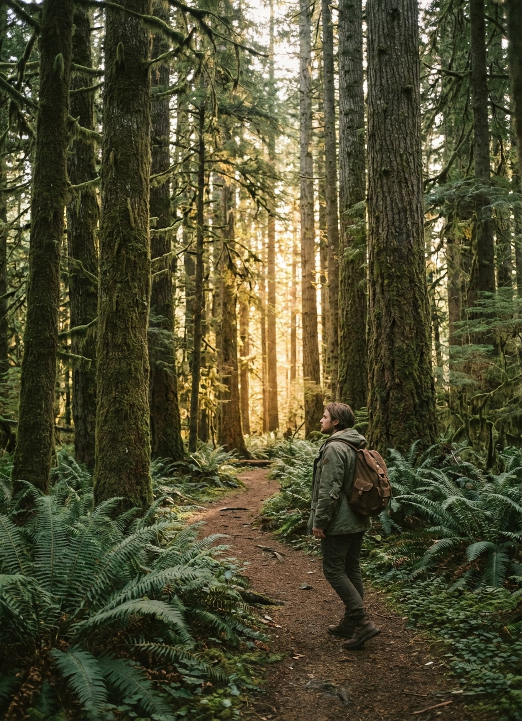AI-generated image representative of a sunlit old-growth forest path with ferns, for the Anxiety service page at Introspectus Counselling, serving Victoria, Colwood, and Langford BC