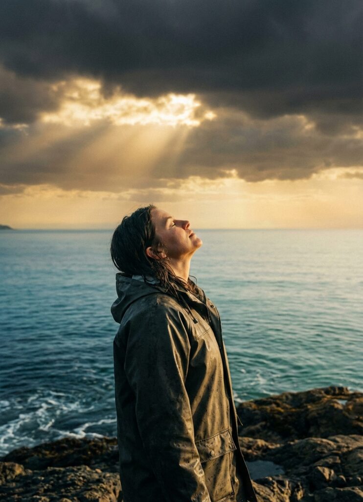 AI-generated image representative of storm clouds breaking to reveal sunlight over Pacific Northwest coastline, symbolizing hope in depression recovery, for Depression Therapy service page at Introspectus Counselling serving Victoria, Colwood, and Langford BC