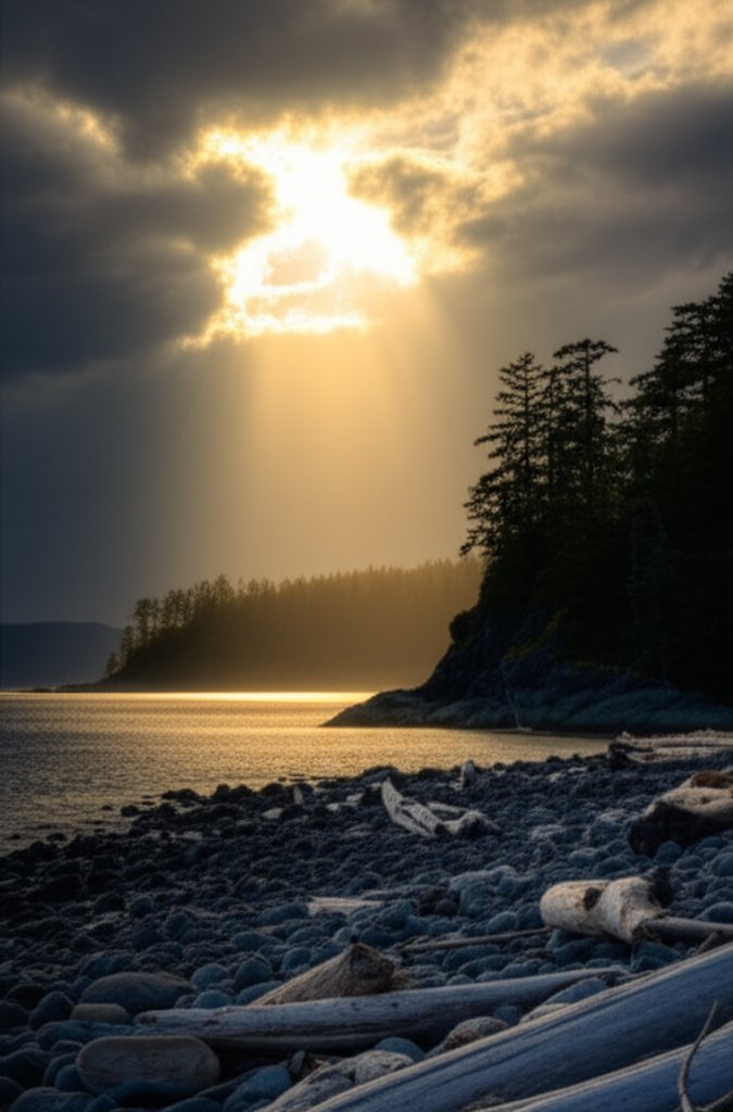 AI-generated image representative of Vancouver Island beach at dawn with clouds parting to reveal golden light