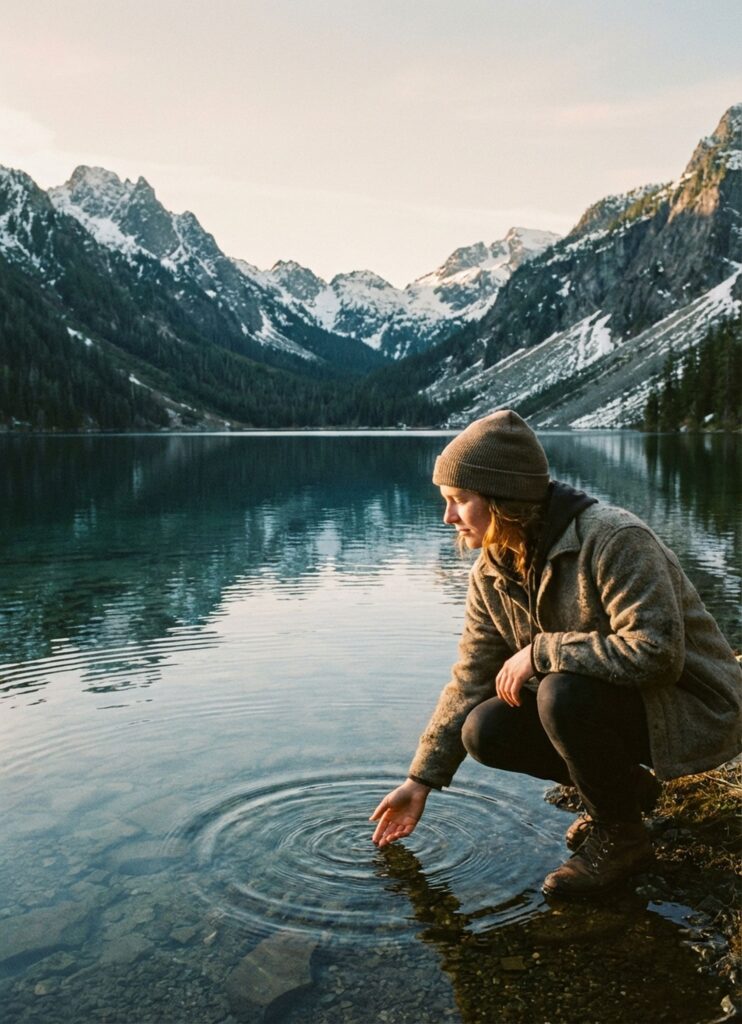 AI-generated image representative of an alpine lake with mountains, for the Grief service page at Introspectus Counselling, serving Victoria, Colwood, and Langford BC