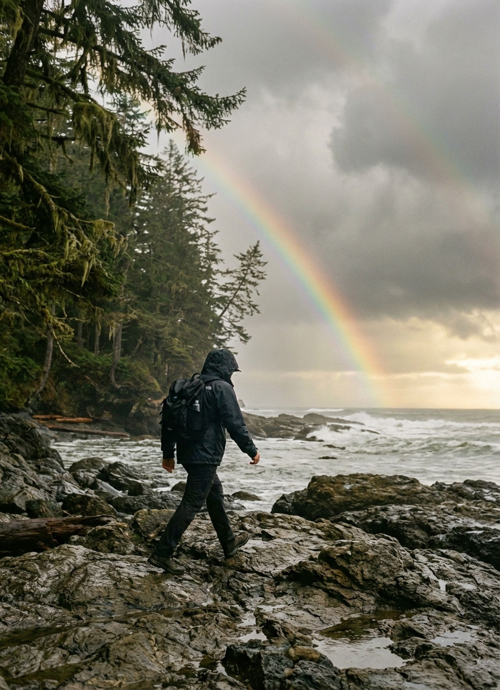 AI-generated image representative of a coastal forest with rainbow, for the Intrusive Thoughts service page at Introspectus Counselling, serving Victoria, Colwood, and Langford BC