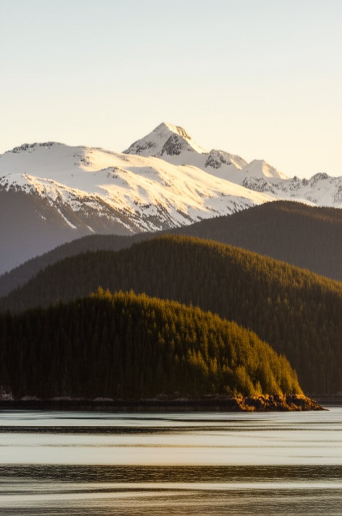 AI-generated image representative of coastal mountain fjord with snow-capped peaks behind forested ridges, calm inlet water, golden evening light, pacific northwest vancouver island