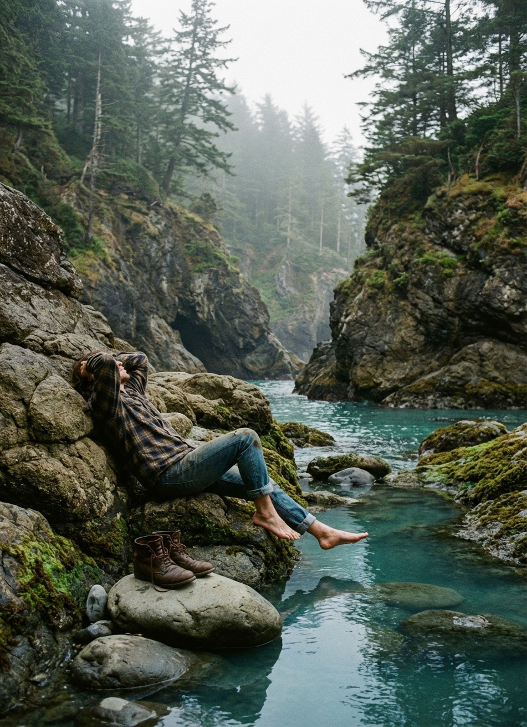 AI-generated image representative of a rocky cove with calm water, for the Stress service page at Introspectus Counselling, serving Victoria, Colwood, and Langford BC