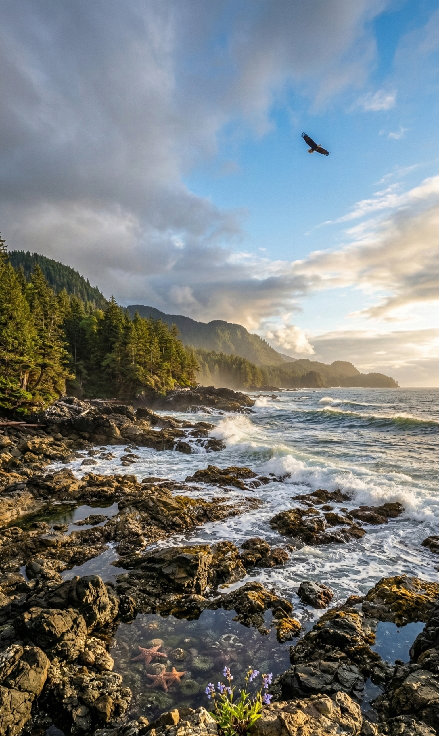 AI-generated image of a rugged coastal cliff with wildflowers, ocean waves, and an eagle soaring at sunset, representing resilience and recovery for the Stress and Burnout service page at Introspectus Counselling, Victoria BC