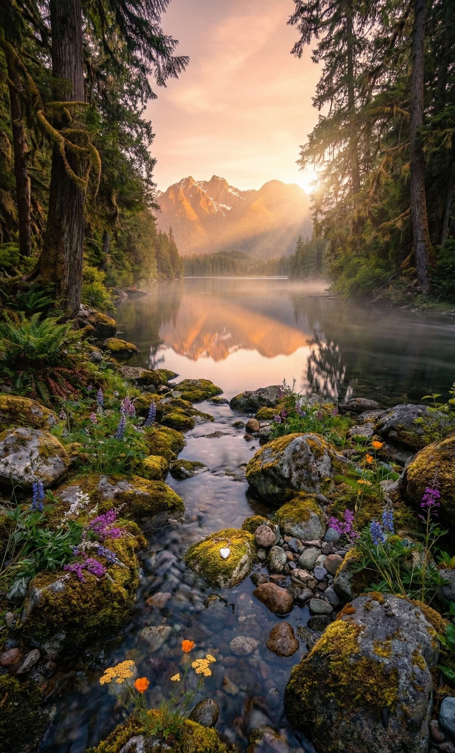 AI-generated image of a serene mountain lake at golden hour with wildflowers, moss-covered rocks, and alpine peaks reflected in still water, for the Intrusive Thoughts service page at Introspectus Counselling