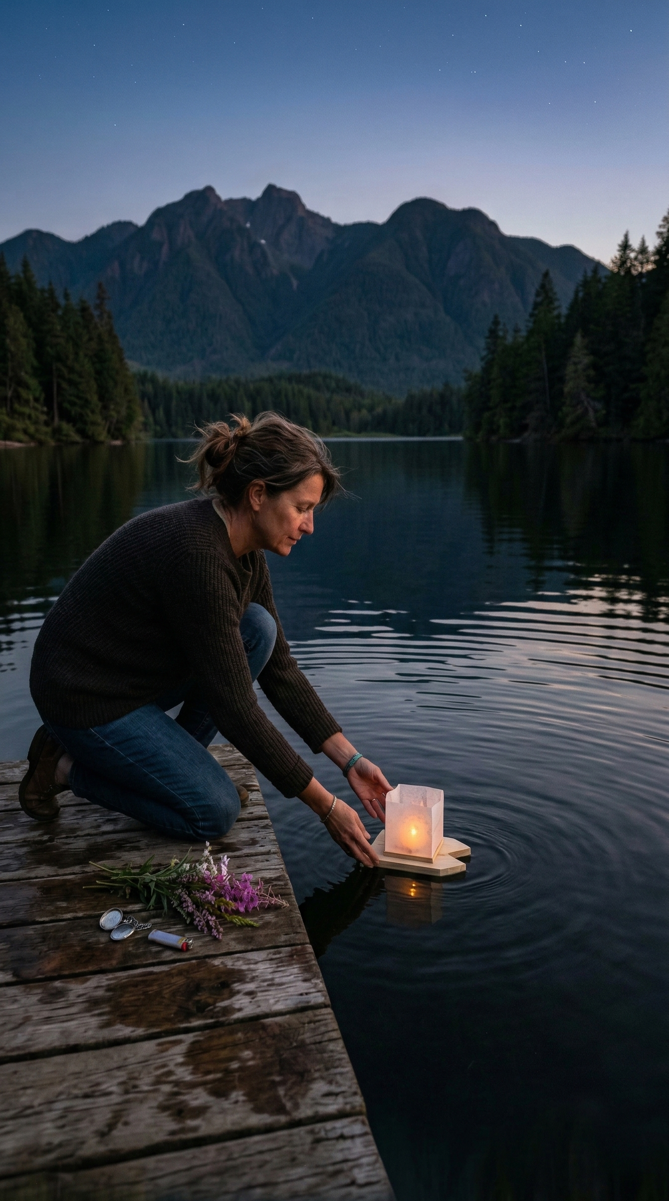 AI-generated image of a woman releasing a candle lantern on a calm mountain lake at dusk with wildflowers, representing grief healing and letting go for the Grief and Loss service page at Introspectus Counselling, Victoria BC
