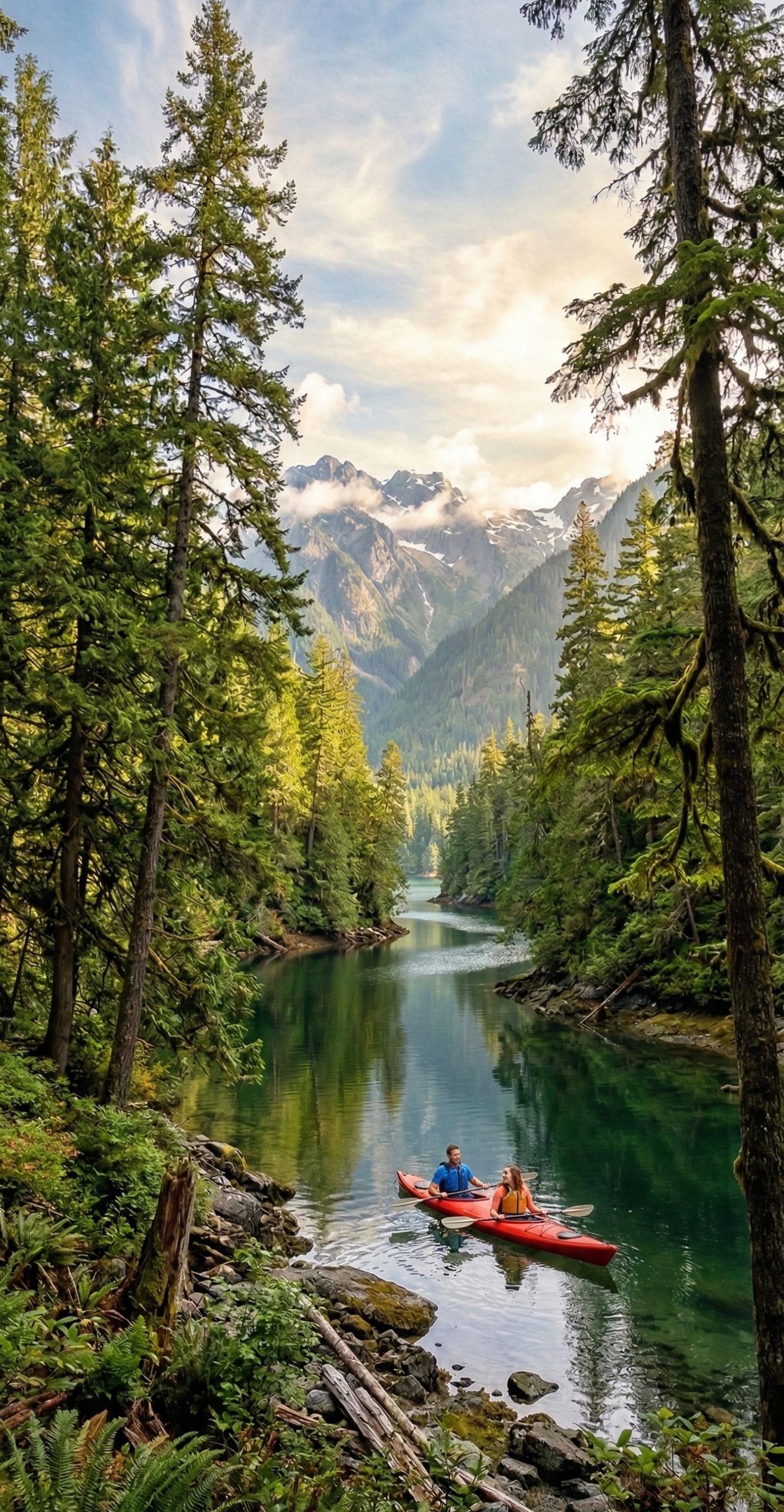AI-generated image representative of warm golden sunset over calm inlet water, golden light reflecting on peaceful ocean surface, pacific northwest vancouver island
