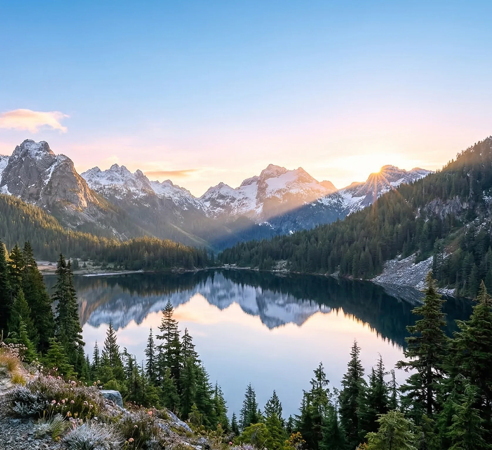 AI-generated image of snow-capped mountain range reflected in a pristine alpine lake at sunrise with wildflowers and evergreens, for the Trauma and PTSD service page at Introspectus Counselling, serving Victoria, Colwood, and Langford BC