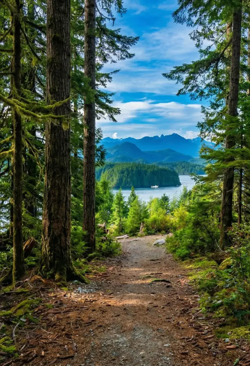 A forest path between tall evergreens, opening onto calm water, wooded islands and mountains