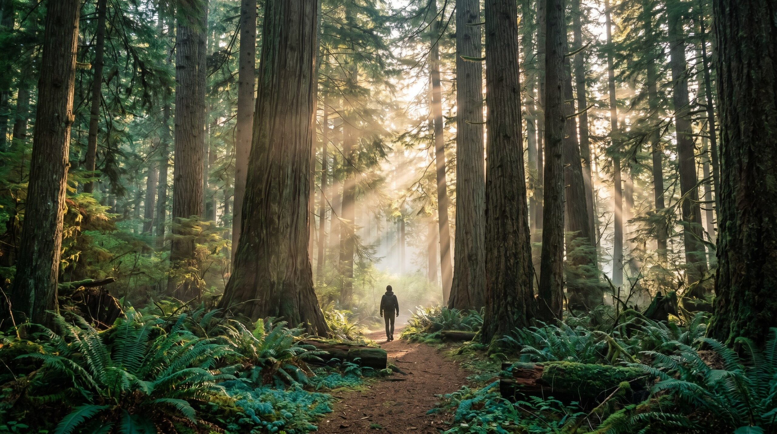 Old-growth Pacific Northwest forest path with shafts of golden morning light through cedar canopy, solitary figure walking