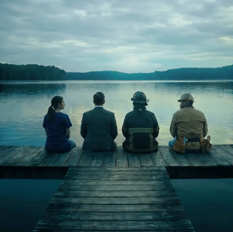 Four people sitting on a wooden dock at the edge of a calm lake at dusk, representing rest and recovery from stress and burnout.