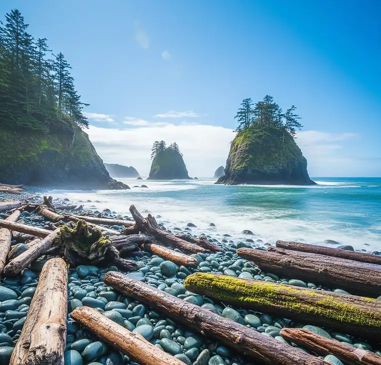 Rocky shore with sea stacks and turquoise ocean on Vancouver Island coast