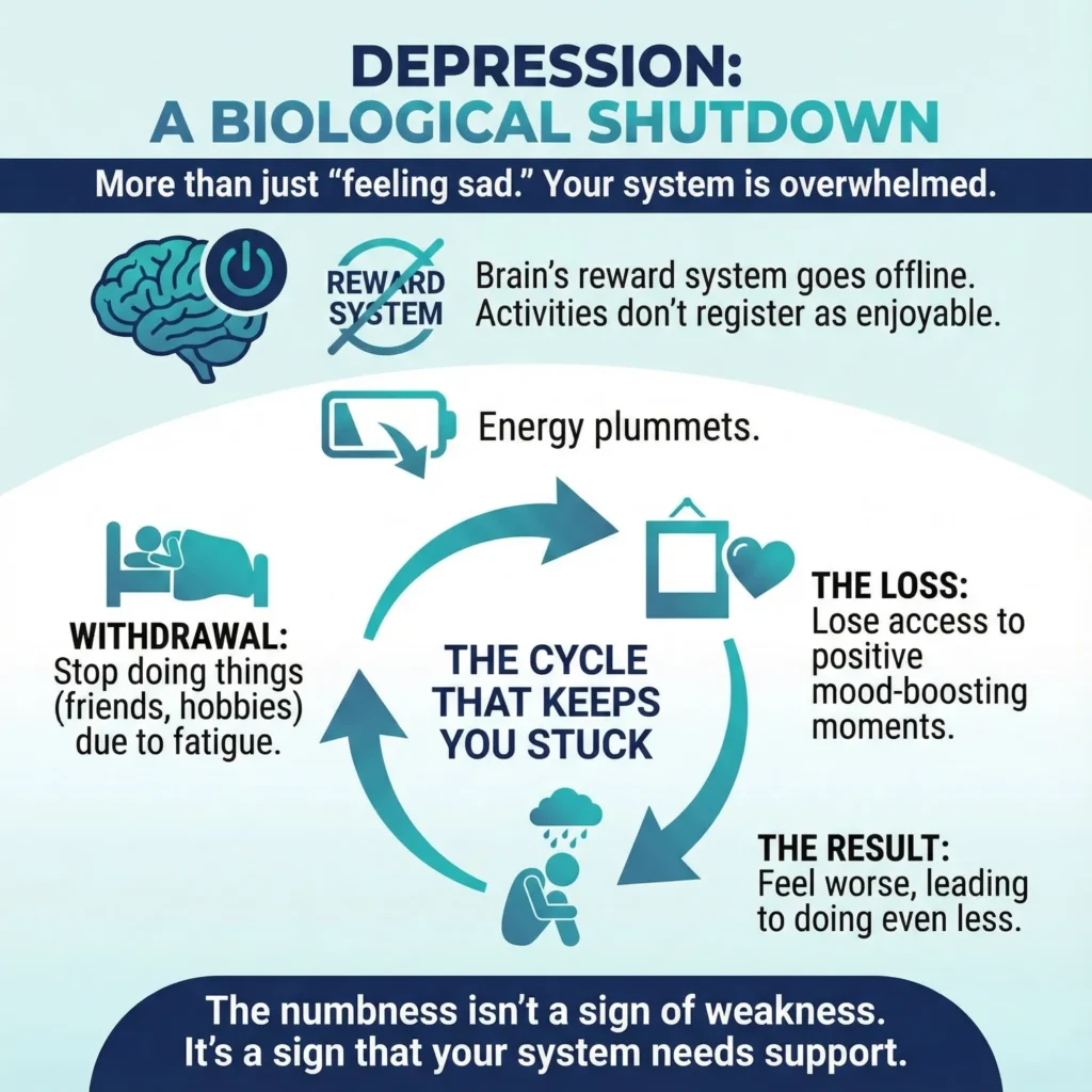 Depression biological shutdown cycle infographic by Introspectus Counselling