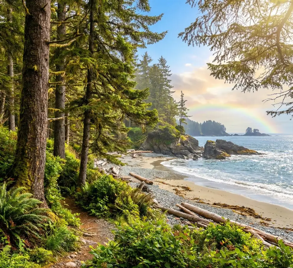 Pacific Northwest rainforest beach with rainbow over the ocean on Vancouver Island