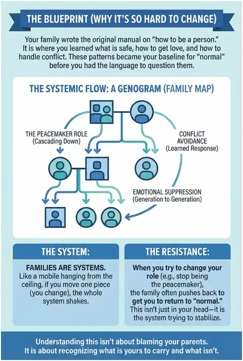 Family systems genogram showing inherited patterns across generations infographic