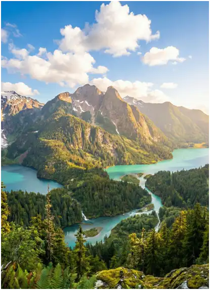 Turquoise glacial lakes in mountain valley representing the landscape of loss