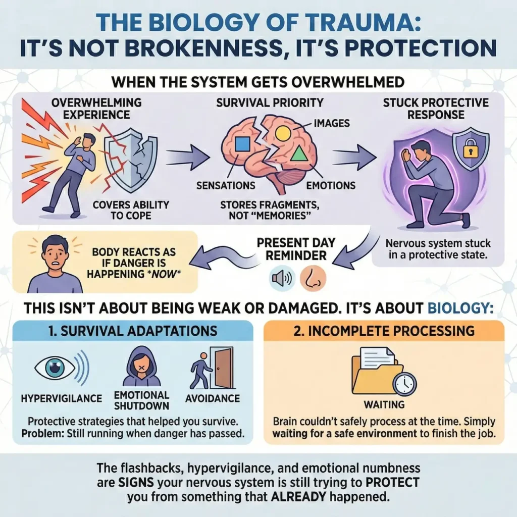 Biology of trauma protective response infographic by Introspectus Counselling
