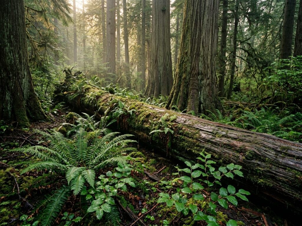 Vancouver Island forest floor with sword ferns, moss-covered Douglas fir log, and golden morning light through cedar canopy