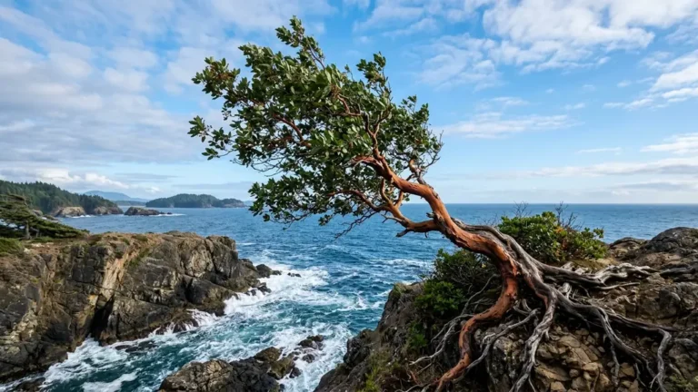 Arbutus tree bending in coastal wind on Vancouver Island bluff