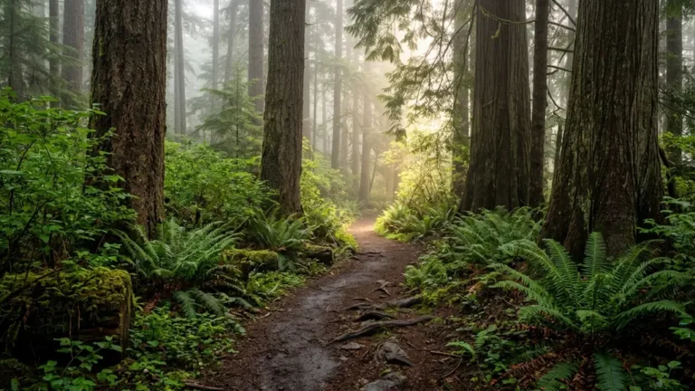 Foggy Vancouver Island forest path with sword fern