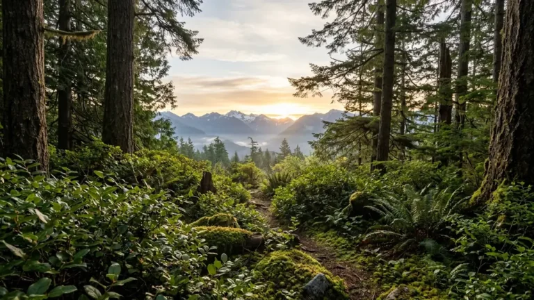 Sunrise over Vancouver Island ridge from forest clearing