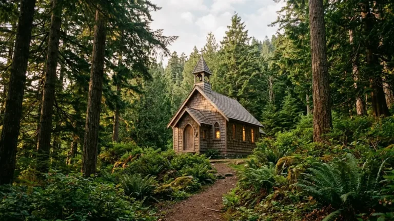 Small wooden chapel in Vancouver Island forest