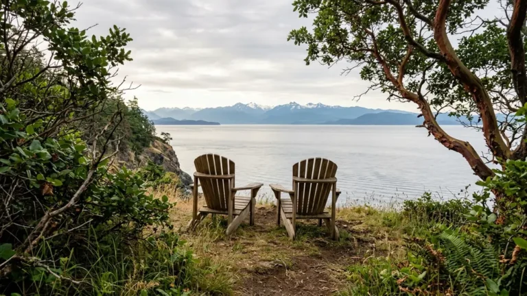 Two empty Adirondack chairs facing the Pacific on Vancouver Island bluff