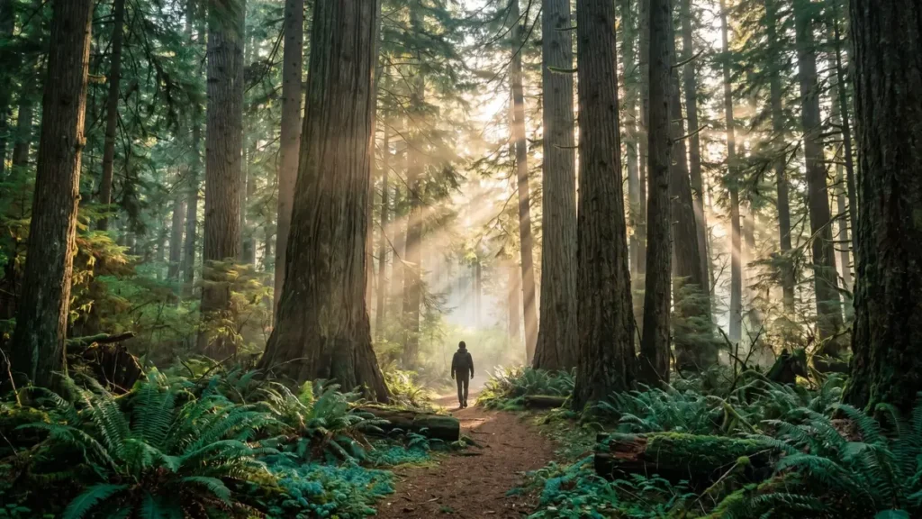 Old-growth Pacific Northwest forest path with shafts of golden morning light through cedar canopy