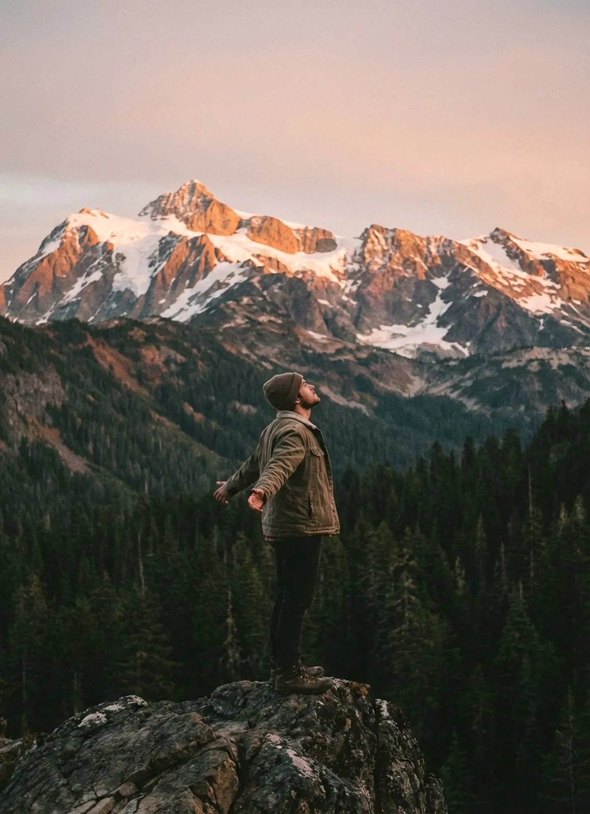 AI-generated image representative of mountain peaks at golden hour, for the Spiritual service page at Introspectus Counselling, serving Victoria, Colwood, and Langford BC
