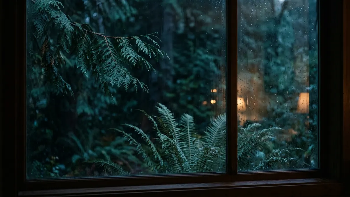 Sword ferns and a cedar branch seen through a rain-flecked window, warm lamplight reflected in the glass.