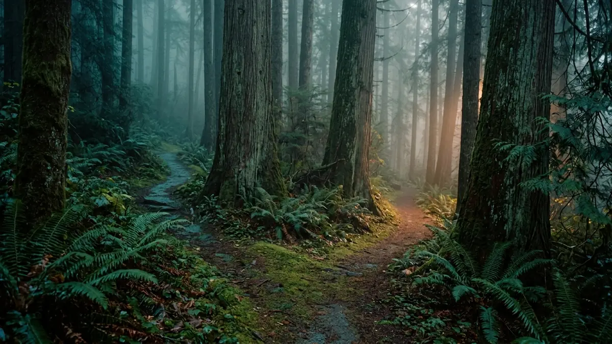 A forest trail forks into two paths between cedar trunks, one side warm-lit, the other in cool shade.