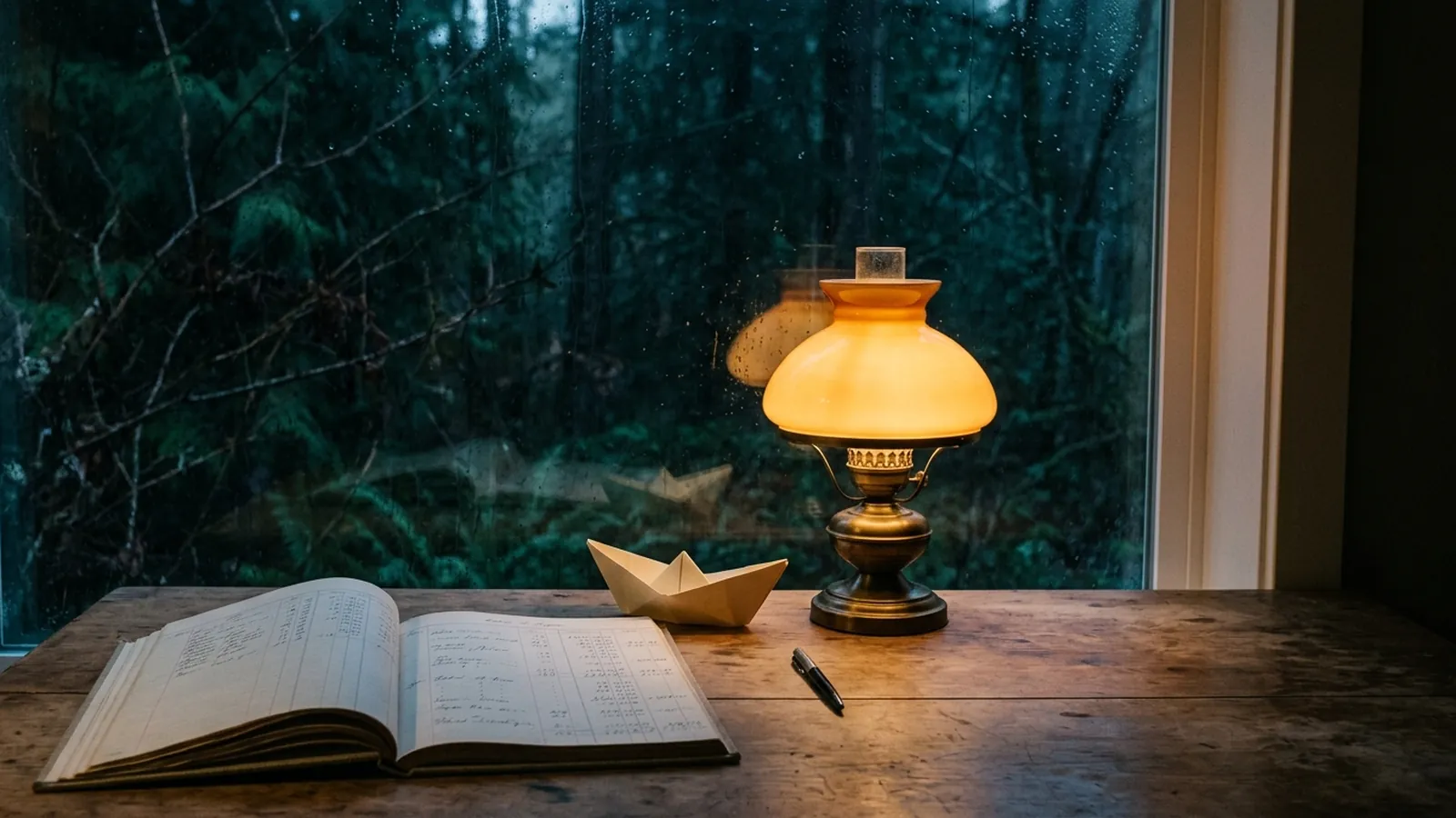 An open ledger book on a wooden table beside a small paper boat, dusk light through a window.