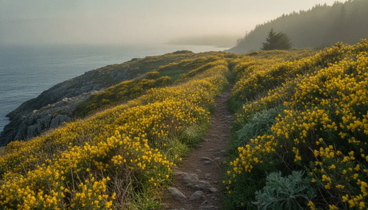 Yellow Scotch broom blooming along a coastal headland path on Vancouver Island, morning fog low over the water.