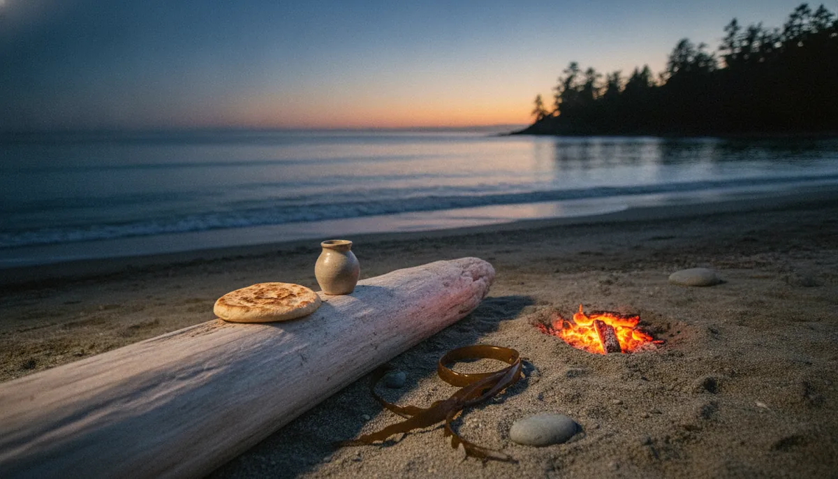 A simple meal of flatbread and a jar of water set on a driftwood log at a Vancouver Island beach, embers glowing nearby at dusk.
