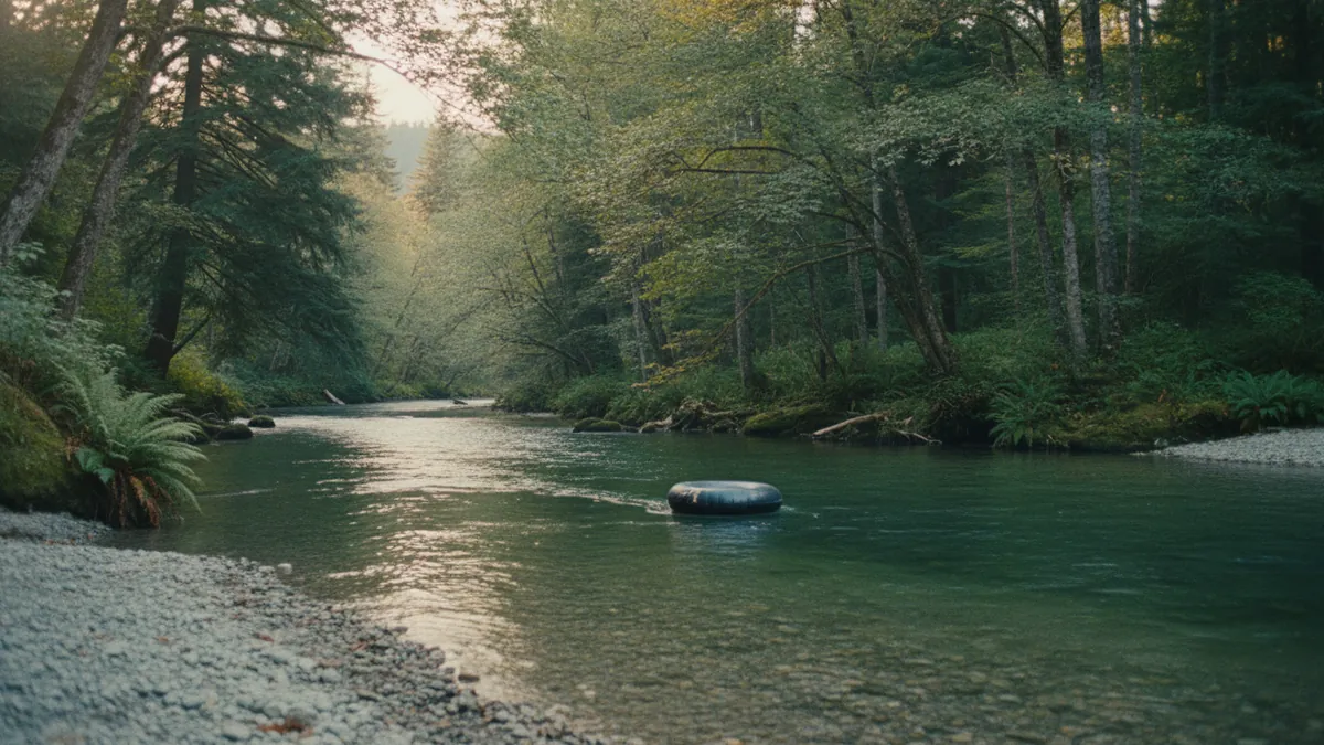 An empty inner tube drifting on a slow green Vancouver Island river, alder and fir along the gravel banks in afternoon light.