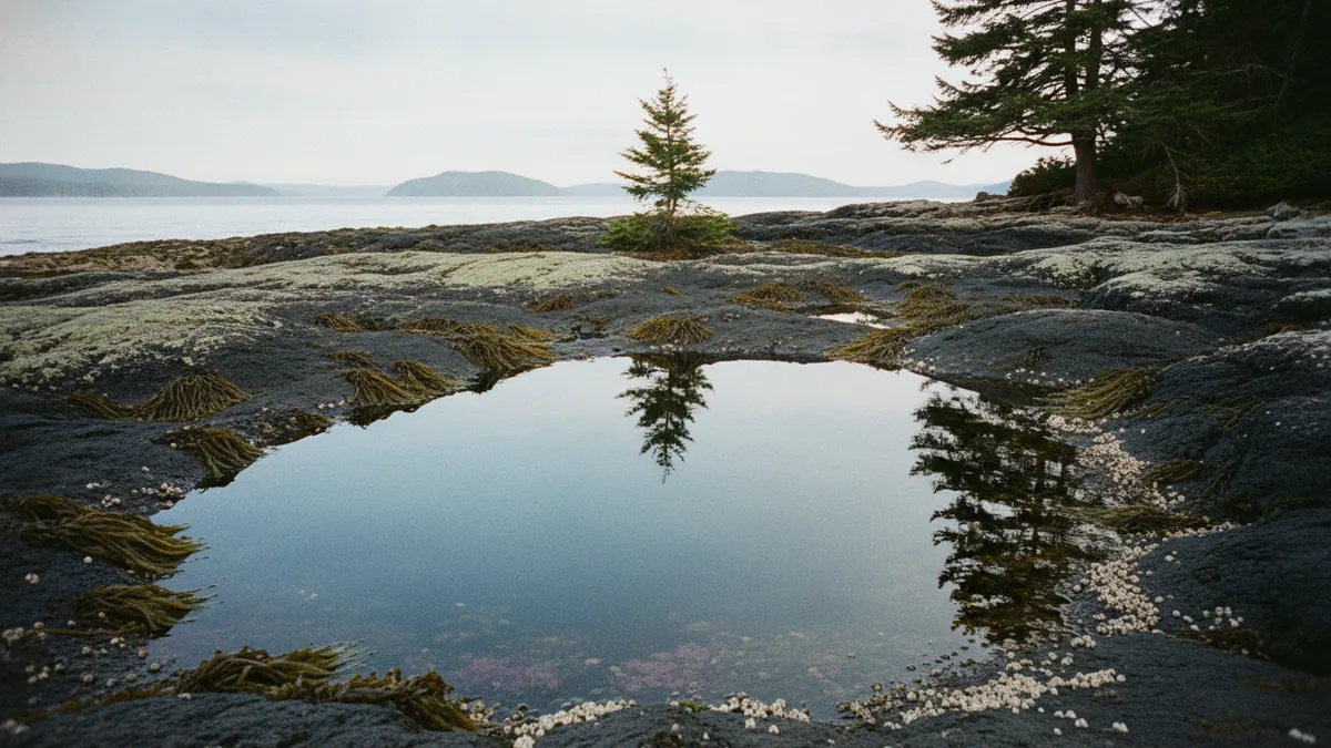 A still tide pool in dark shoreline rock reflecting open sky and a single fir, barnacles and seaweed around its edge.