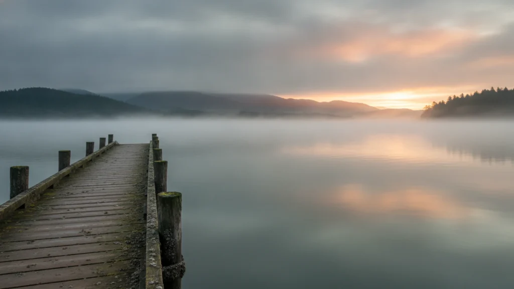 A weathered wooden dock reaching into calm grey-green water at dawn, low mist over the strait, forested hills faint on the far shore.