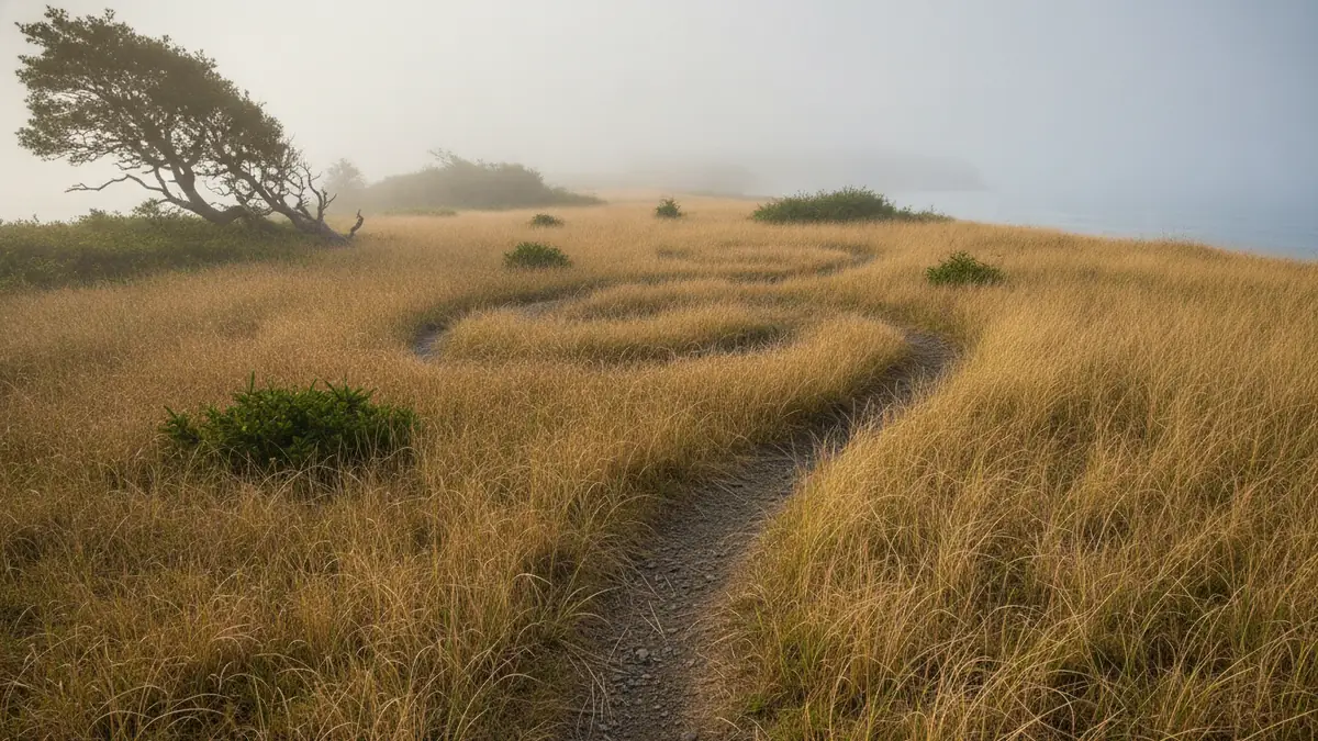 A narrow dirt footpath looping back on itself through tall golden beach grass on a foggy Vancouver Island headland, a wind-bent tree at the left edge.