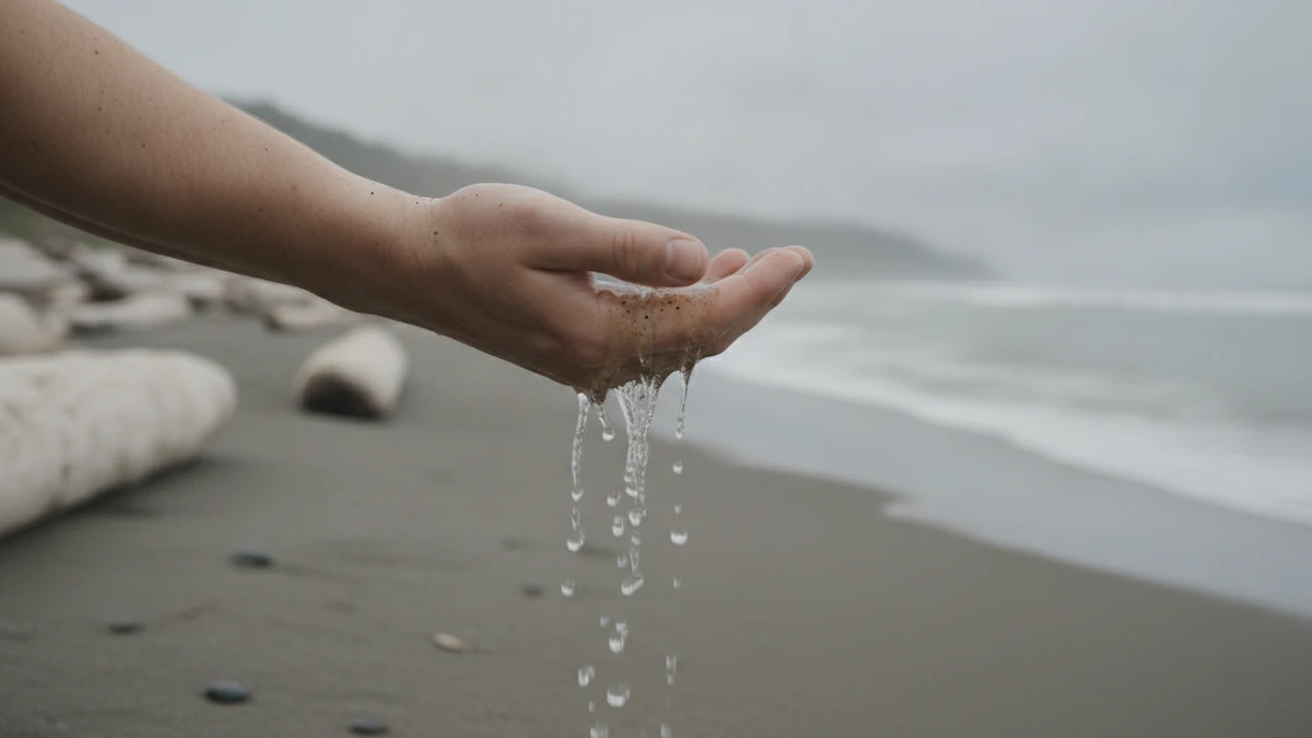 An open hand held palm up at the tide line, sea water spilling between the fingers, driftwood and grey surf blurred behind.