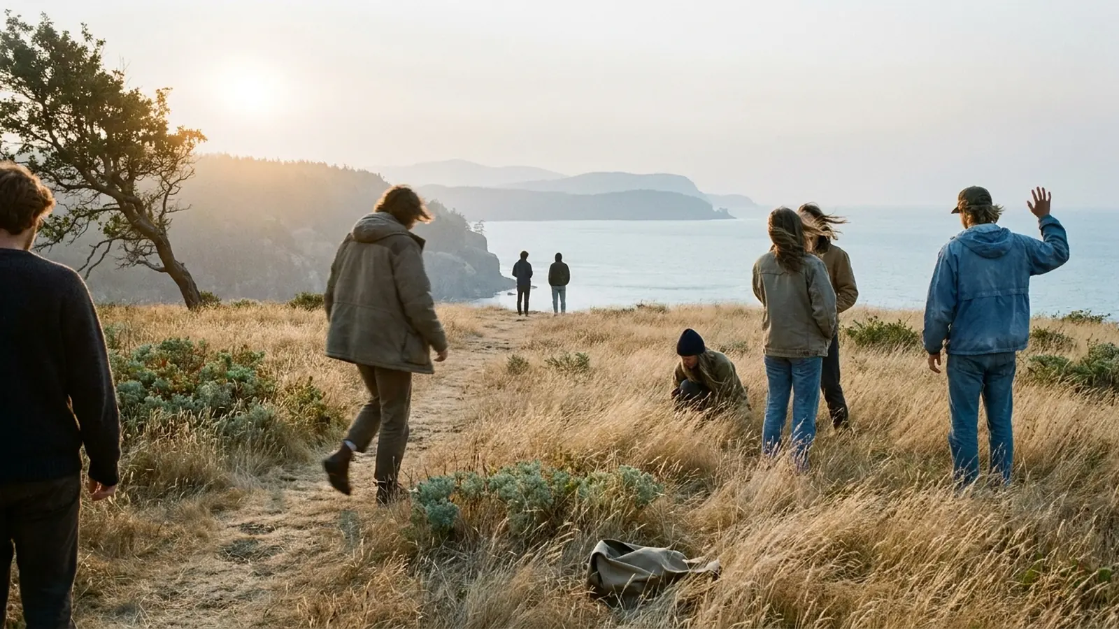 Eight people are scattered at different depths across a dry golden headland meadow in low morning sun, all seen from behind; one strides mid-step, one crouches in the grass, one raises an open hand, a canvas bag lies dropped in the foreground, and a leaning Garry oak stands at the left.