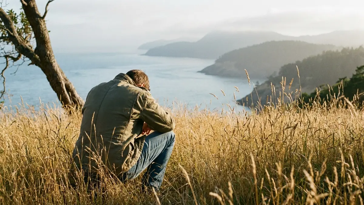 A person sits alone in tall dry grass on a coastal headland, seen from behind with knees drawn up and head lowered onto folded arms, a leaning Garry oak at the left and calm water beyond.