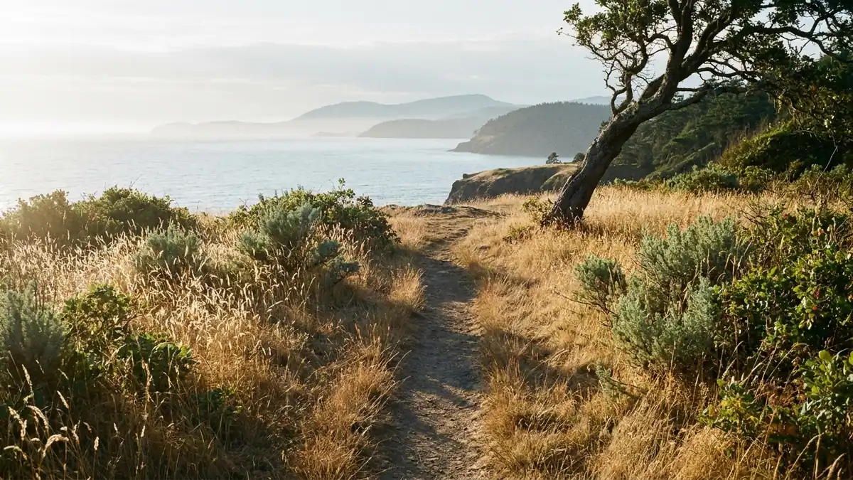 A narrow bare-earth footpath winds through dry golden grass and low coastal scrub toward a headland edge, low morning sun raking from the left, a gnarled Garry oak on the right.