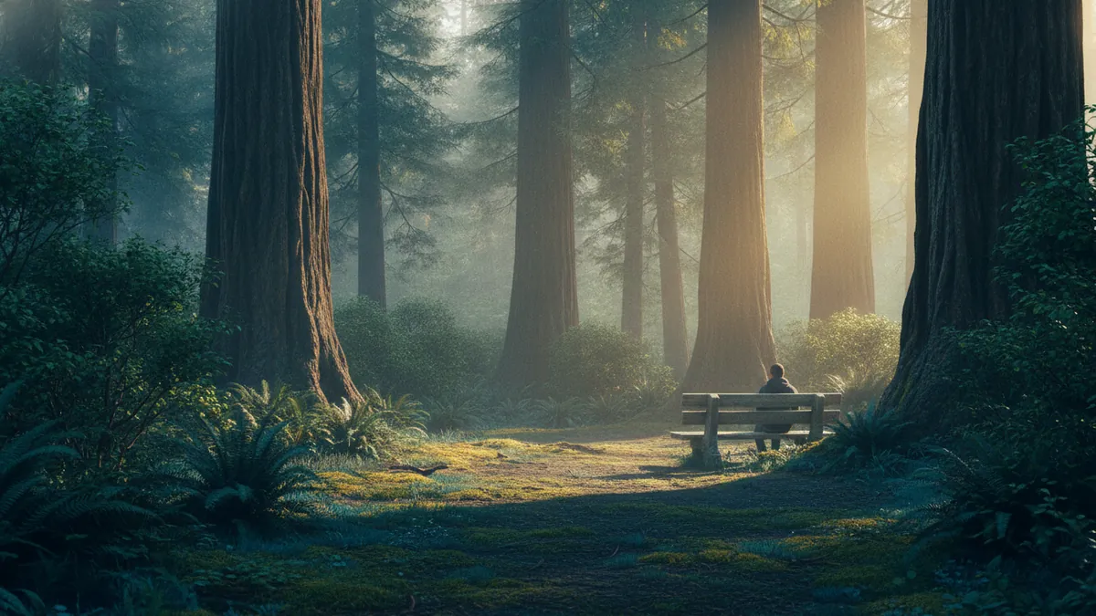 An old-growth clearing on Vancouver Island in morning mist, sword ferns and salal around a weathered cedar bench, one person sitting alone on it seen from behind, shafts of light falling between the trunks.