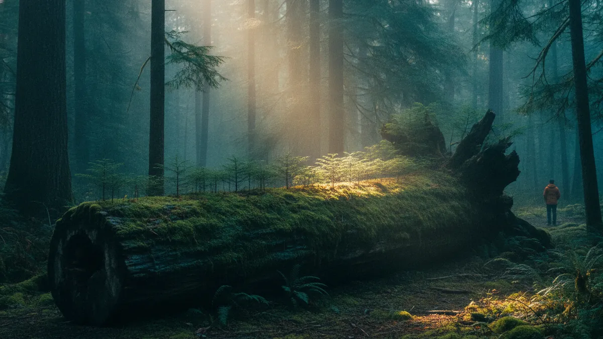 A fallen western red cedar on the forest floor has become a nurse log, a row of young hemlock seedlings growing straight out of the mossy trunk, morning light landing across the new growth, one small figure far off to the right.