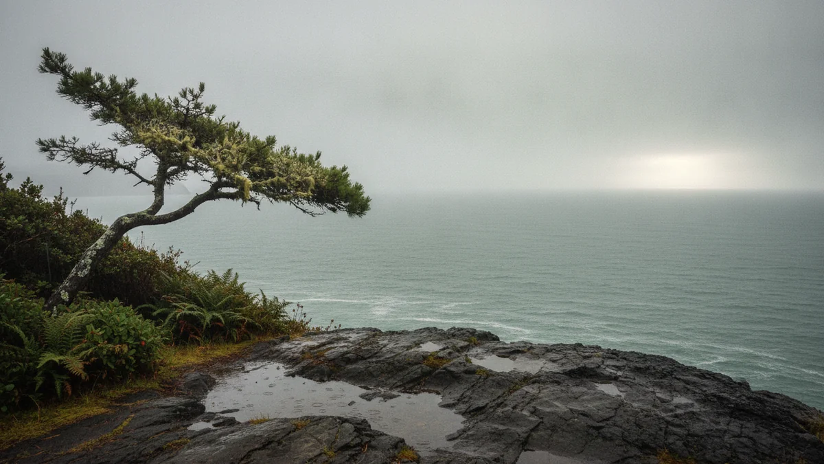 Rain over grey-green ocean seen from a Vancouver Island headland, wet dark rock and shallow rain pools in the foreground, a windbent shore pine leaning in from the left, low cloud with a pale brightening on the right horizon.