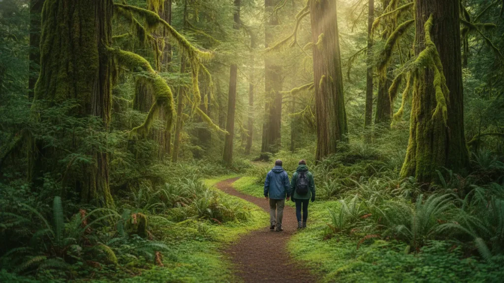 Two people walking away from the camera along a mossy old-growth trail on Vancouver Island, one a little ahead of the other, small among the cedars and sword ferns.