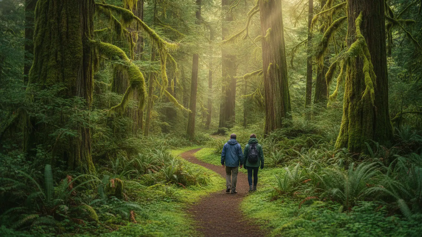 Two people walking away from the camera along a mossy old-growth trail on Vancouver Island, one a little ahead of the other, small among the cedars and sword ferns.